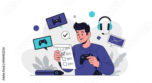 Man holding game controller and checklist, surrounded by gaming screens and headphones.
