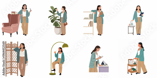 Collection of flat illustrations depicting a young woman's daily routines, including working from home, household organization, and relaxing activities in a minimalist interior.