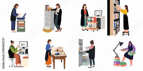 Collection of diverse women performing various administrative and archival tasks in a professional office or library setting, managing documents and files.