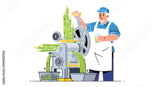 Sugarcane Juice Extractor: A dedicated worker extracts fresh sugarcane juice using a manual press, capturing the essence of a refreshing and natural beverage.