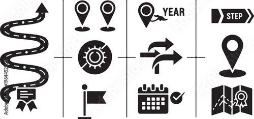 Wavy timeline infographic template. 9 milestone steps with icons and descriptions showing long-term progress..eps