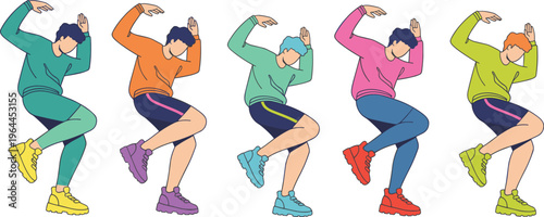 Flat vector illustration set of young men dancing in colorful outfits with dynamic poses and expressive movements isolated on a white background for design