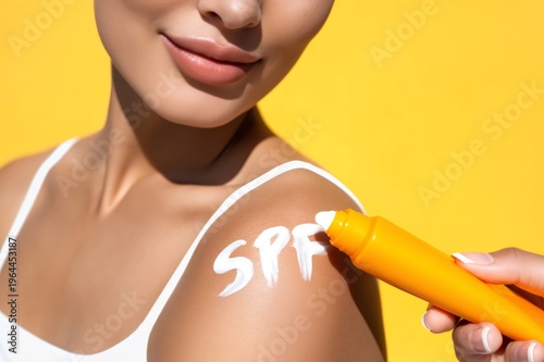 Woman applying spf sunscreen cream for skin protection