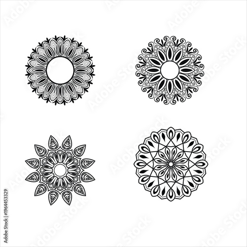 Set of four ornate black and white circular mandalas. Perfect for henna, tattoos, coloring books, and decorative branding.