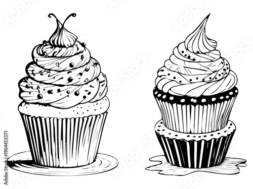 Set of vector line illustrations of two exquisite cupcakes, made in black and white contour art style. Each cupcake is a work of culinary art