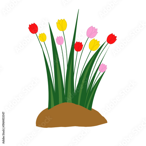 A vibrant vector illustration depicts a lush spring or summer meadow brimming with colorful wildflower,. Various pink, blue, and yellow blossoms are interspersed among rich green grass and foliage. Th