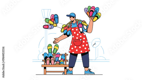 Flip-Flop Vendor's Display: A vibrant illustration showcasing a flip-flop vendor enthusiastically presenting an array of colorful sandals, inviting customers to explore a world of comfort and style.