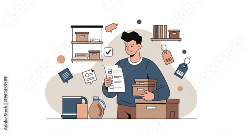 Man organizing inventory, checking items, managing stock, and preparing for shipment.