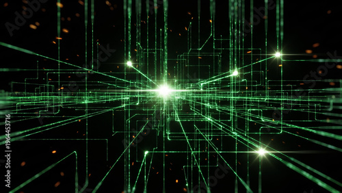 サイバー空間を流れる緑のデジタルネットワークとデータ通信の抽象背景