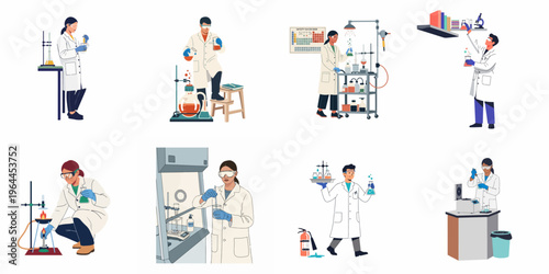 Collection of diverse scientists in white lab coats conducting various chemical experiments and research in a modern laboratory setting.