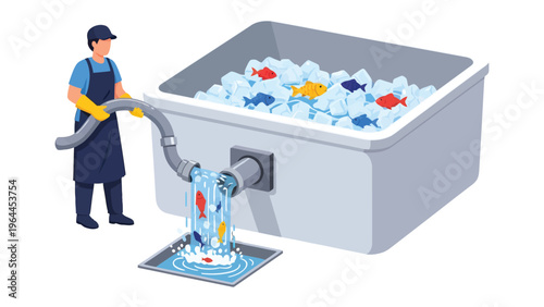 Fish Farm: An illustrated depiction of a fish farm, showcasing a worker tending to a container filled with ice and fish. The image captures the essence of aquaculture.
