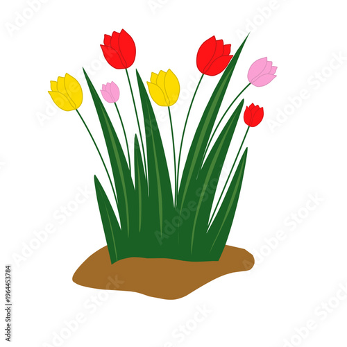 A vibrant vector illustration depicts a lush spring or summer meadow brimming with colorful wildflower,. Various pink, blue, and yellow blossoms are interspersed among rich green grass and foliage. Th