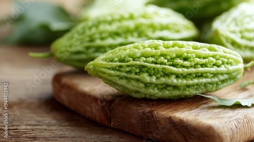 Fresh Bitterness of Green Bitter Melon on Wooden Surface with Natural Background