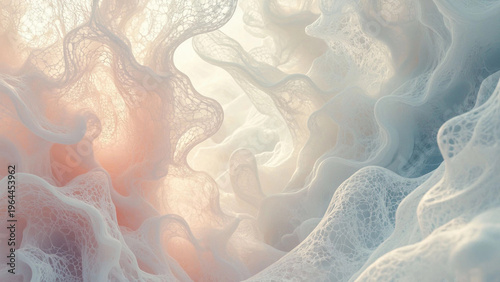 ETHEREAL ABSTRACT COMPOSITION WITH FLOWING ORGANIC SHAPES AND DELICATE MESH TEXTURES. SOFT LIGHT, PASTEL COLORS, AND TRANSLUCENT FORMS CREATE A DREAMLIKE, FUTURISTIC ATMOSPHERE IDEAL FOR MODERN DIGITA