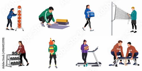 Flat illustration collection of gym staff and sports managers organizing equipment, preparing facilities, and managing fitness gear for athletic training sessions.