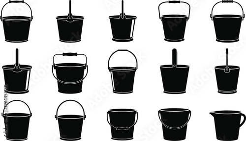 Set of bucket silhouettes in different shapes and sizes, plastic and metal pails with handles, industrial and household cleaning equipment vector icons