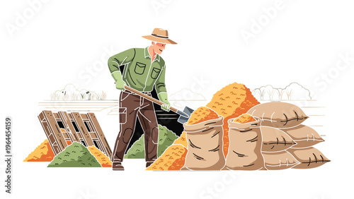 Harvest Work: A farmer works diligently, moving grains with a shovel near bags of grains. Capturing the spirit of agricultural labor and the bounty of the harvest.