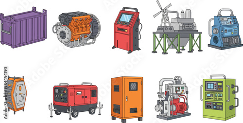 Set of industrial machinery and power equipment vector illustrations including generators, engines, electric panels, motors, batteries, and technical 