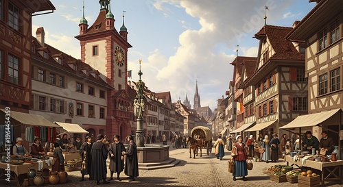 Historical European Town Square Scene with Buildings and People.