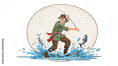 Fisherman's Bounty: An illustration depicting a fisherman casting a large fishing net. Water splashes and a school of fish are encapsulated within the net, suggesting a successful catch.
