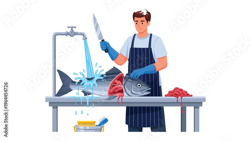 Fishmonger's Precision: A skilled fishmonger expertly prepares a fresh fish at a stainless steel workstation, the scene demonstrating the care and precision of culinary craftsmanship.