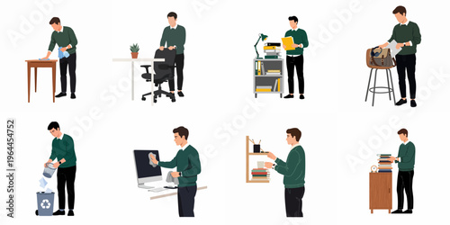 Collection of flat vector illustrations depicting a young man performing various office cleaning and organization tasks such as tidying desks and sorting files.