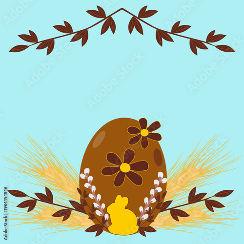 Easter chocolate egg vector frame on blue background. Gold rabbit silhouette with pussy willow and wheat branches. Festive greeting card template with large central copy space for text