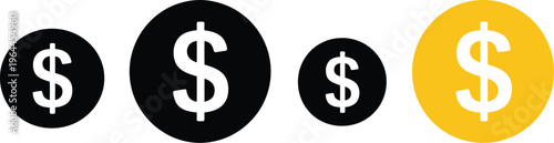 Dollar coin icons, US Dollar money symbol, minimal vector for currency, finance, and business concepts, flat design.