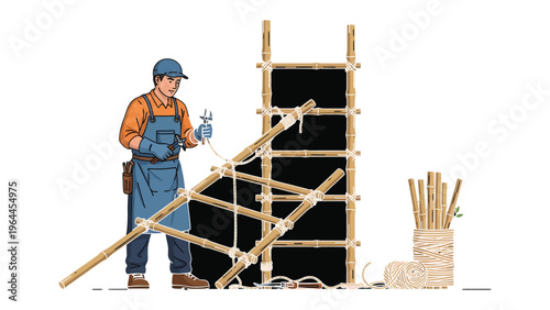 Craftsman at Work: A skilled craftsman meticulously constructs a bamboo scaffolding, embodying dedication and precision in his craft.