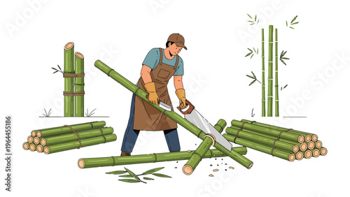 Bamboo Craftsman at Work: A skilled craftsman expertly saws through a robust bamboo stalk, transforming raw materials into potential constructions.