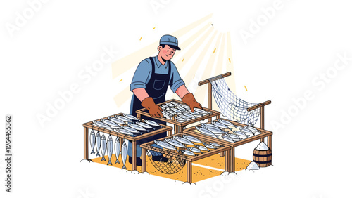 Preserving the Bounty: A worker meticulously arranges freshly caught fish on drying racks under the sun, a testament to traditional preservation methods. 
