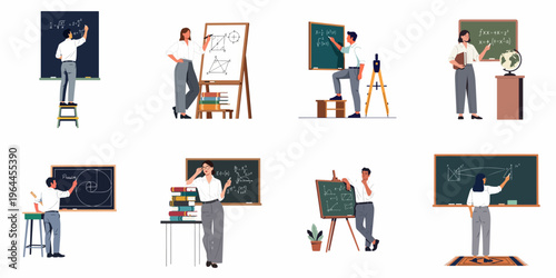 Set of male and female teachers explaining complex math and science problems on blackboards and flip charts in a classroom environment.