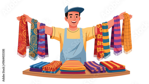 Shopkeeper's Bazaar: A vibrant shopkeeper presents his colorful collection of handmade textiles and scarves, offering a diverse array of patterns, designs, and textures.