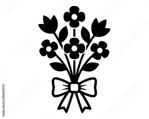 A minimal black silhouette illustration of a flower bouquet, symmetrical arrangement of multiple round flowers with petal details, surrounded by leaves, placed in a cone-shaped wrapping tied with a ri