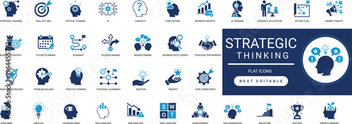 strategic thinking solid icon set. vision, planning, analysis, logic, solution, leadership. editable vector illustration collection set.