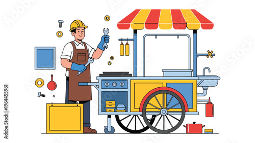 Food Cart Repair: A dedicated street food vendor meticulously repairs a charming cart, highlighting entrepreneurial spirit and commitment to quality.