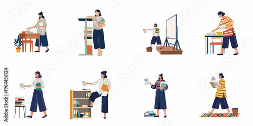 Flat illustration set of a female teacher or professor in various classroom activities, from grading papers and lecturing to organizing school materials.