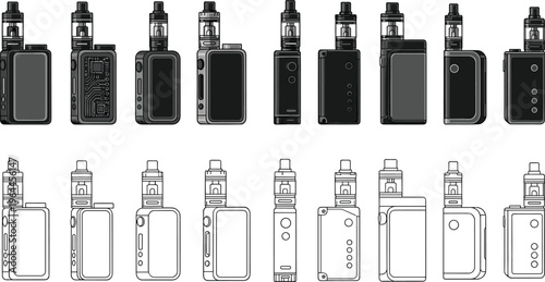 Set of modern vape devices and electronic cigarette kits with different designs, black and white vector outline illustration isolated on white background