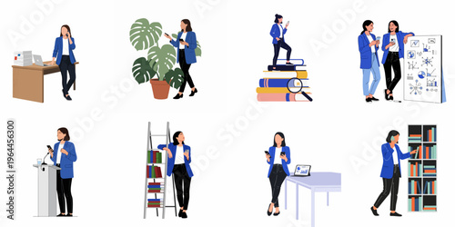 Set of business woman illustrations showcasing professional activities, multitasking, and career development in various office and work settings.