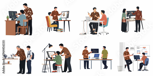 Set of flat illustrations depicting Indonesian professionals and students in batik collaborating on technology, coding, and design projects in various office and classroom settings.