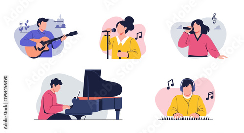 Musicians playing various instruments and singing with passion.