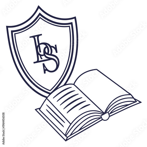 School crest and open book icon - education and learning symbol with line art