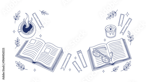 A Literary Haven: Illustrated books, candles, and beverages invite readers to immerse themselves in a cozy space for literary escape and relaxation.