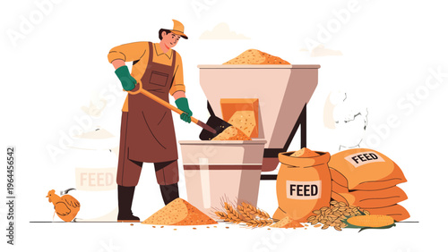 The Farmer and His Feed: A hardworking farmer meticulously tending to his feed supplies, scooping feed. A scene of agriculture and nourishment.