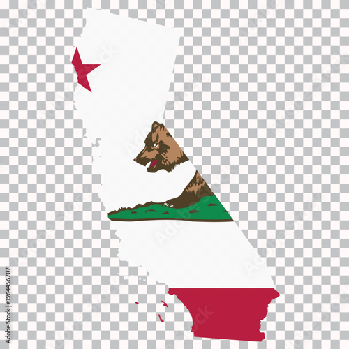 Map of California filled with its official state flag design, isolated on transparent background for geography and design use.