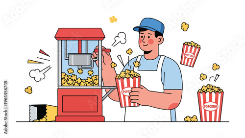 Popcorn Maker at Work: A friendly vendor is captured in the act of preparing a perfect batch of popcorn in a classic vintage machine, capturing the sights and smells of a movie night.