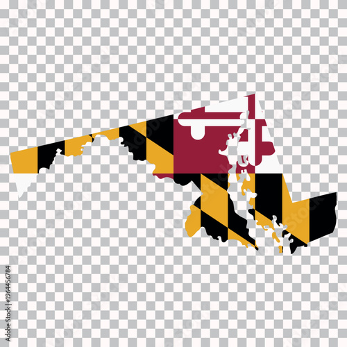 Outline map of Maryland filled with its state flag pattern, isolated on transparent background for geography and educational use.