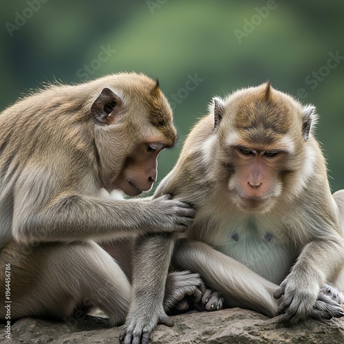 Two monkeys grooming each other on a rock in nature.