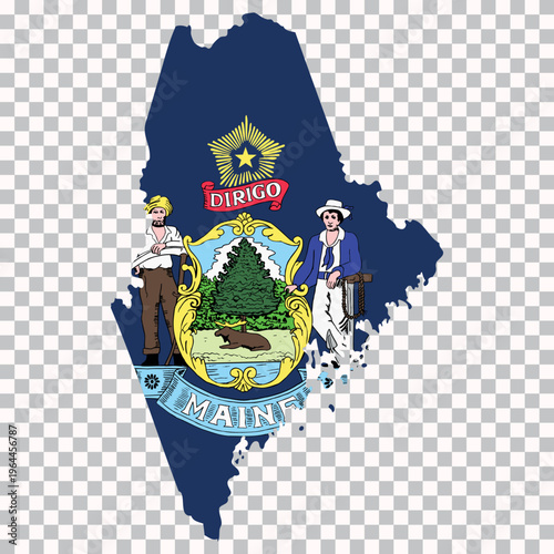 Map of Maine filled with its official state flag design, isolated on transparent background for geography and infographic purposes.