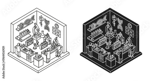Isometric science laboratory vector, line art research lab with scientists and microscope, biology and chemistry education workspace illustration